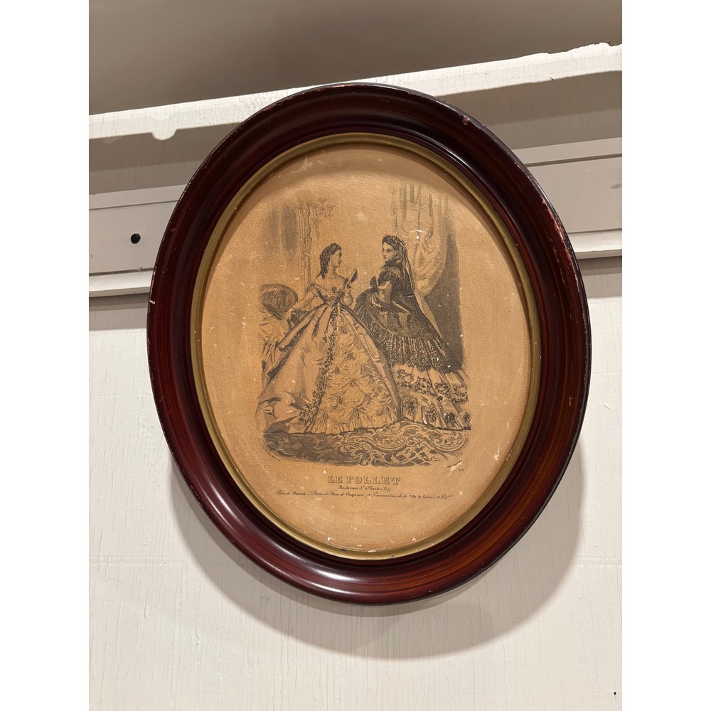 Antique Le Follet French Fashion Plate Oval Wood Frame Victorian Lithograph Art